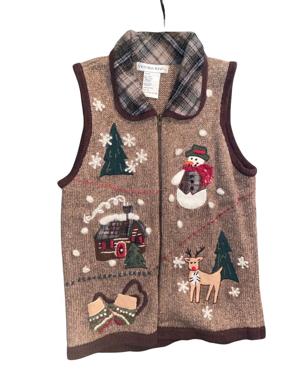 VTG Victoria Jones Christmas Sweater Vest S Snowman Reindeer Cabin Plaid Zip
